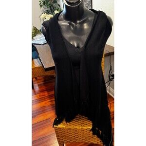 TASI Malibu Black Fringe Open-Front Vest – Boho Beach Coverup, Medium